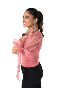 Round neck Blouses with Bow Tied-up Sleeves- Plus Size - Rose Pink - Blouse featured