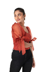 Round neck Blouses with Bow Tied-up Sleeves- Plus Size - Rust - Blouse featured