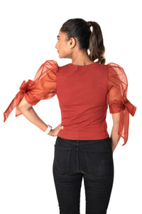 Round neck Blouses with Bow Tied-up Sleeves- Plus Size - Rust - Blouse featured