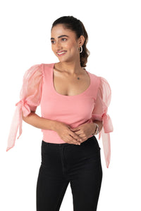 Round neck Blouses with Bow Tied-up Sleeves - Sakura Pink - Blouse featured