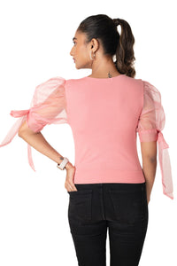 Round neck Blouses with Bow Tied-up Sleeves- Plus Size - Sakura Pink - Blouse featured
