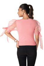 Load image into Gallery viewer, Round neck Blouses with Bow Tied-up Sleeves - Sakura Pink - Blouse featured
