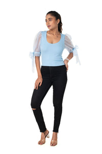 Round neck Blouses with Bow Tied-up Sleeves- Plus Size - Sky Blue - Blouse featured