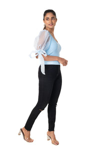 Round neck Blouses with Bow Tied-up Sleeves- Plus Size - Sky Blue - Blouse featured
