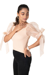 Round neck Blouses with Bow Tied-up Sleeves- Plus Size - Tan - Blouse featured