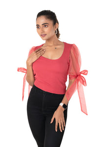 Round neck Blouses with Bow Tied-up Sleeves- Plus Size Blouse