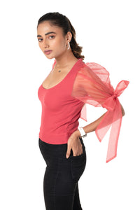 Round neck Blouses with Bow Tied-up Sleeves - Vermillion Red - Blouse featured