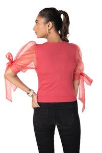 Round neck Blouses with Bow Tied-up Sleeves- Plus Size Blouse