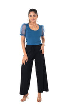 Load image into Gallery viewer, Round neck Blouses with Puffy Organza Sleeves - Azure Blue - Blouse featured