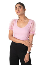 Load image into Gallery viewer, Round neck Blouses with Puffy Organza Sleeves - Blush Pink - Blouse featured