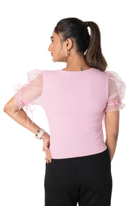 Round neck Blouses with Puffy Organza Sleeves- Plus Size - Blush Pink - Blouse featured