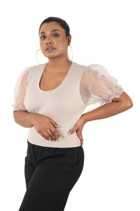 Round neck Blouses with Puffy Organza Sleeves- Plus Size - Calm Ivory - Blouse featured