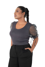 Load image into Gallery viewer, Round neck Blouses with Puffy Organza Sleeves- Plus Size - Clay Grey - Blouse featured