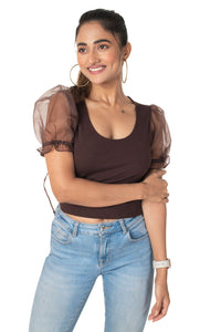Round neck Blouses with Puffy Organza Sleeves - Dark_Brown - Blouse featured
