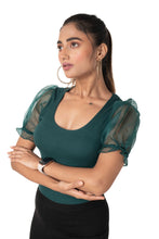 Load image into Gallery viewer, Round neck Blouses with Puffy Organza Sleeves - Green - Blouse featured