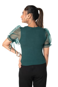 Round neck Blouses with Puffy Organza Sleeves- Plus Size - Green - Blouse featured