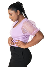Load image into Gallery viewer, Round neck Blouses with Puffy Organza Sleeves- Plus Size - Lavender - Blouse featured