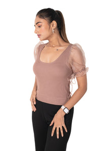 Round neck Blouses with Puffy Organza Sleeves- Plus Size - Light_Brown - Blouse featured