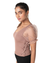 Load image into Gallery viewer, Round neck Blouses with Puffy Organza Sleeves - Light_Brown - Blouse featured