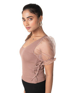 Round neck Blouses with Puffy Organza Sleeves - Light_Brown - Blouse featured