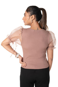  Round neck Blouses with Puffy Organza Sleeves- Plus Size - Light_Brown - Blouse featured