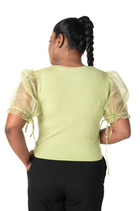 Round neck Blouses with Puffy Organza Sleeves - Lime_Green - Blouse featured