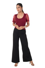 Load image into Gallery viewer,  Round neck Blouses with Puffy Organza Sleeves- Plus Size - Maroon - Blouse featured