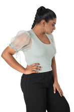 Load image into Gallery viewer,  Round neck Blouses with Puffy Organza Sleeves- Plus Size - Mint_Green - Blouse featured