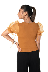  Round neck Blouses with Puffy Organza Sleeves- Plus Size - Mustard - Blouse featured