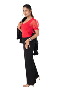Round neck Blouses with Puffy Organza Sleeves - Red - Blouse featured