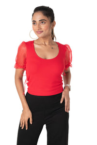  Round neck Blouses with Puffy Organza Sleeves- Plus Size - Red - Blouse featured
