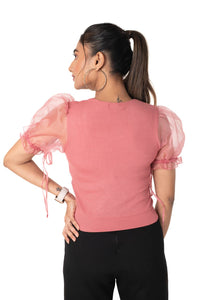Round neck Blouses with Puffy Organza Sleeves - Rose_Pink - Blouse featured