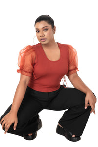  Round neck Blouses with Puffy Organza Sleeves- Plus Size - Rust - Blouse featured