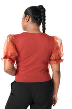 Load image into Gallery viewer, Round neck Blouses with Puffy Organza Sleeves - Rust - Blouse featured