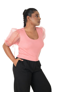 Round neck Blouses with Puffy Organza Sleeves - Sakura_Pink - Blouse featured