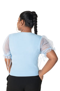 Round neck Blouses with Puffy Organza Sleeves - Sky_Blue - Blouse featured
