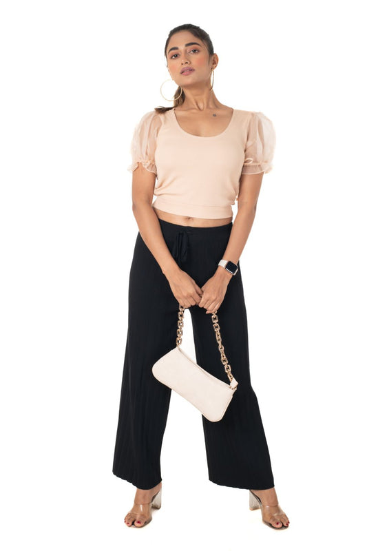 Round neck Blouses with Puffy Organza Sleeves- Plus Size - Tan - Blouse featured