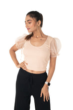 Load image into Gallery viewer, Round neck Blouses with Puffy Organza Sleeves- Plus Size - Tan - Blouse featured