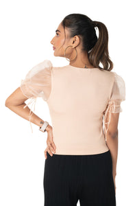 Round neck Blouses with Puffy Organza Sleeves- Plus Size - Tan - Blouse featured