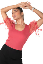 Load image into Gallery viewer, Round neck Blouses with Puffy Organza Sleeves - Vermillion Red - Blouse featured