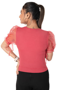 Round neck Blouses with Puffy Organza Sleeves- Plus Size - Red - Blouse featured