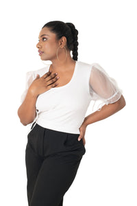 Round neck Blouses with Puffy Organza Sleeves - White - Blouse featured