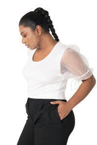 Round neck Blouses with Puffy Organza Sleeves- Plus Size - White - Blouse featured