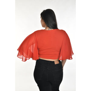 Hosiery Deep Neck Blouses - Butterfly Sleeves - Plus Size - Brick Red - Blouse featured