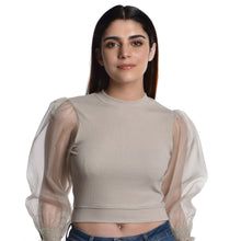 Load image into Gallery viewer, Hosiery Blouses with Puffy Organza Full Sleeves - Calm Ivory - Blouse featured