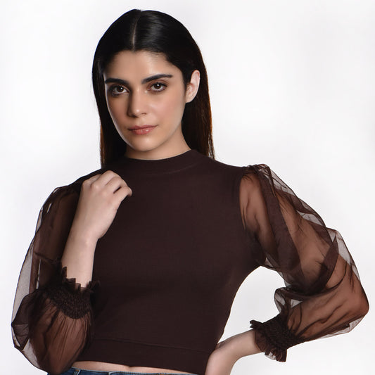 Hosiery Blouses with Puffy Organza Full Sleeves - Dark Brown - Blouse featured