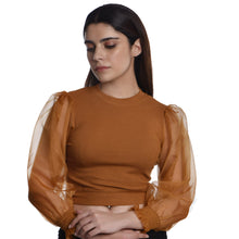 Load image into Gallery viewer, Hosiery Blouses with Puffy Organza Full Sleeves -  Mustard - Blouse featured