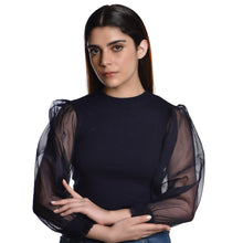 Load image into Gallery viewer, Hosiery Blouses with Puffy Organza Full Sleeves - Royal Blue - Blouse featured