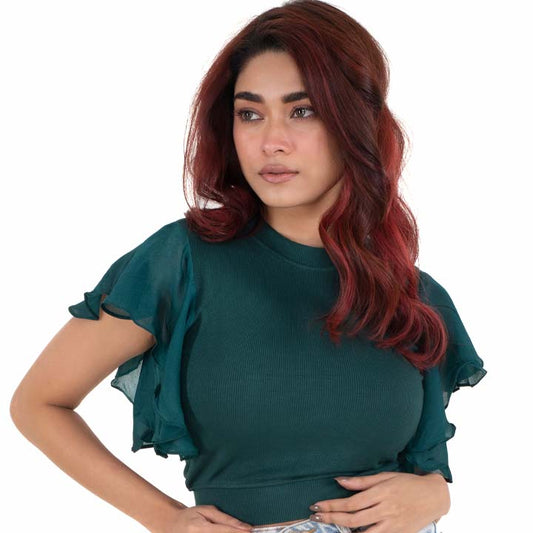 Hosiery Blouses- Flutter Sleeves - Green - Blouse featured