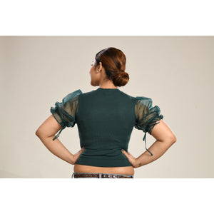 Hosiery Blouses with Puffy Organza Sleeves - Green - Blouse featured